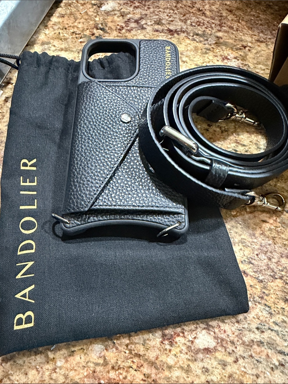 Bandolier Black Pebbled Leather Crossbody Phone Case w-Strap iPhone 15 Pro Max